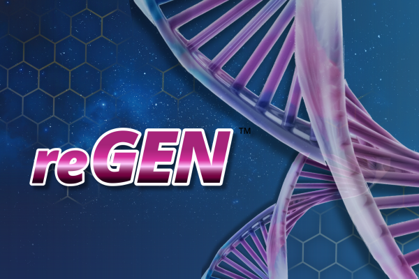 A close-up of a stylized double helix DNA strand in purple and pink tones